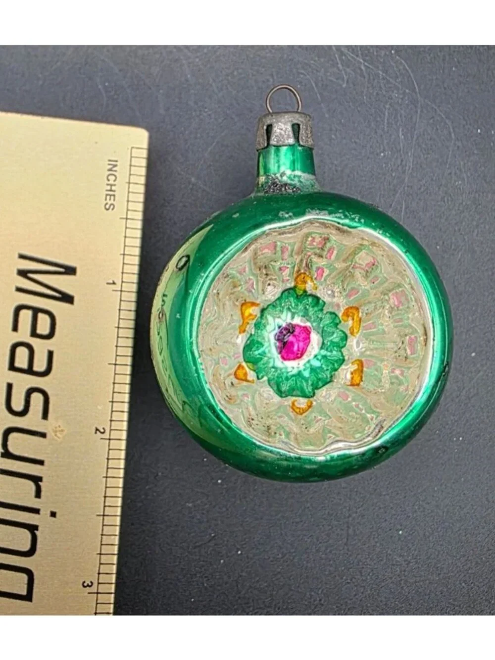 Vintage MCM Green Indented Reflector Mercury Glass Christmas Ornament